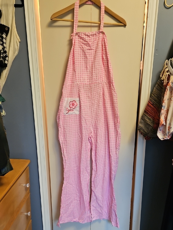 Vintage Pants - Vintage Pink Gingham Halter Jumpsuit with Flower Pocket Waist 16 Inseam 29